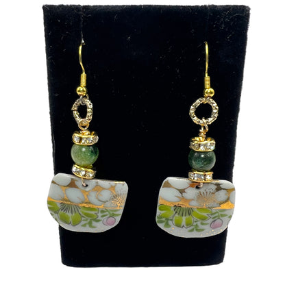 Broken Fine Bone China Dangle  Earrings With Green Agate Stones