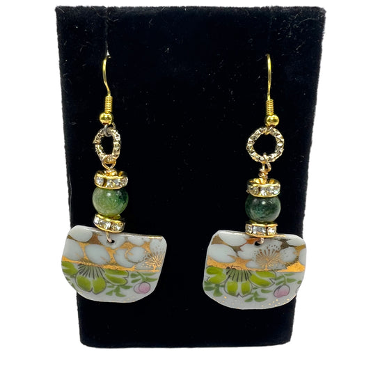 Broken Fine Bone China Dangle  Earrings With Green Agate Stones