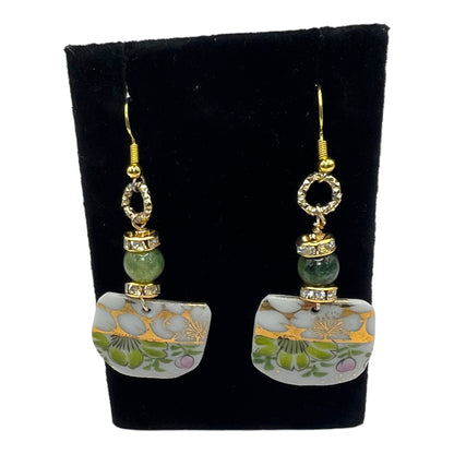 Broken Fine Bone China Dangle  Earrings With Green Agate Stones