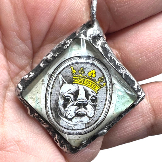 French Bulldog Tiny Pendant Decoupaged Glass & Boho Metalwork “I am the King”