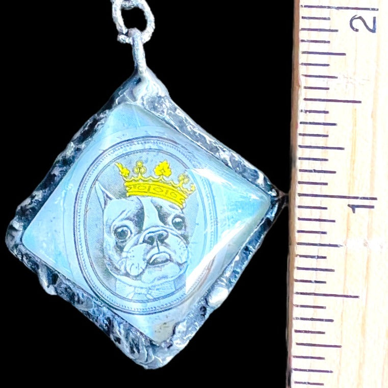 French Bulldog Tiny Pendant Decoupaged Glass & Boho Metalwork “I am the King”