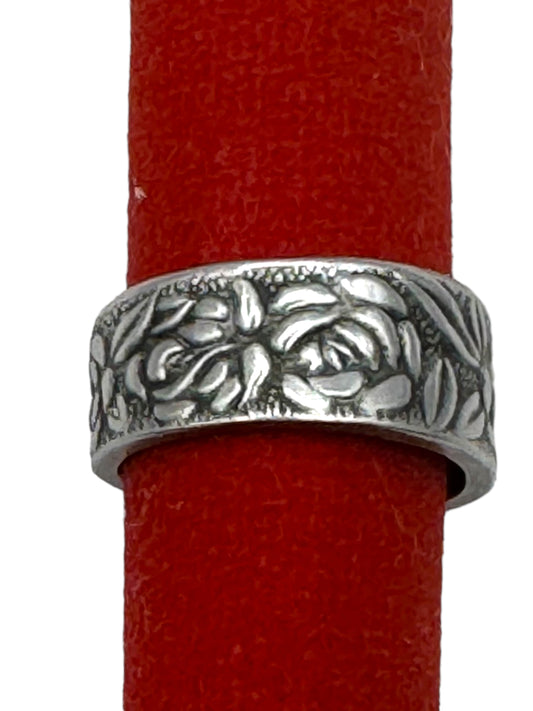 Stainless Steel Vintage Spoon Ring with Rose Pattern Size 7