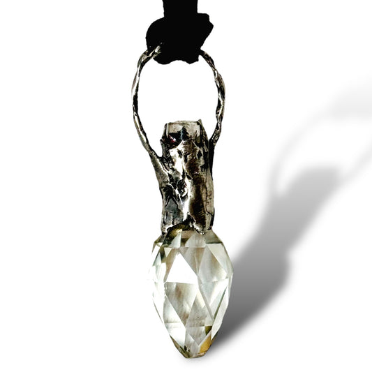 Vintage Crystal Perfume Bottle with Boho Metalwork & Leather Rope Necklace