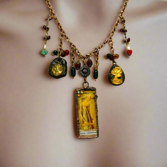Tiny Art Canvas Italian Noblewoman Encased in Glass with Artisan Clay Cameos