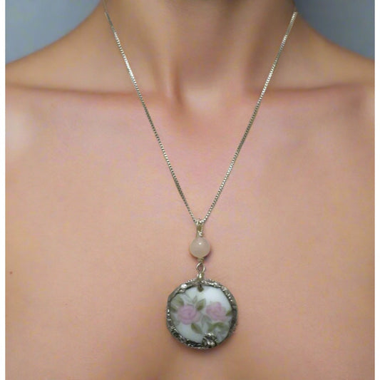 Handcrafted Vintage Floral Bone China Pendant With 925 Silver Chain  & Rose Quartz