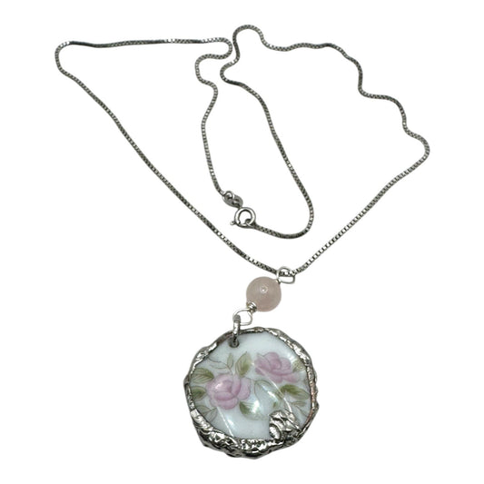 Handcrafted Vintage Floral Bone China Pendant With 925 Silver Chain  & Rose Quartz