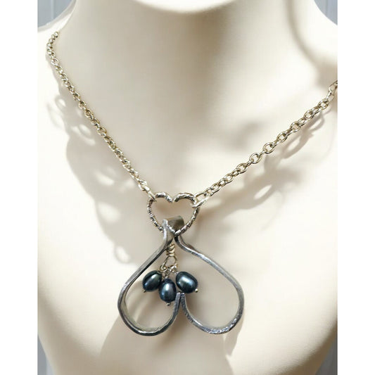 Upcycled Fork Heart Pendant Necklace With Dangling Baroque Pearls On Silver Chain