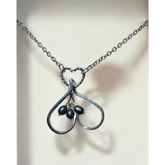 Upcycled Fork Heart Pendant Necklace With Dangling Baroque Pearls On Silver Chain