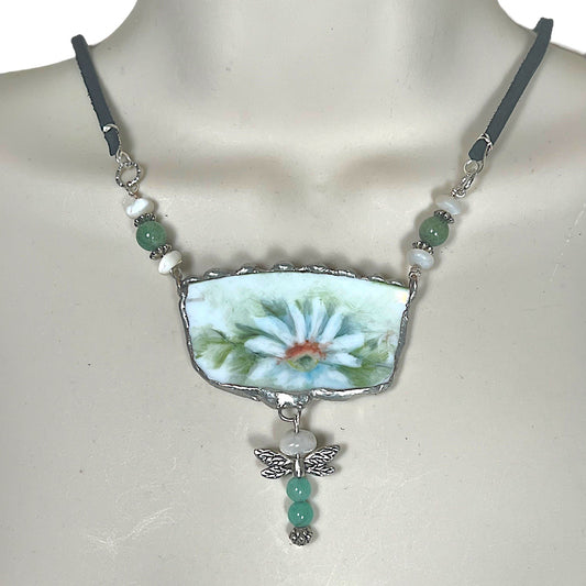 Broken China Daisies Pendant With Jade Dragonfly Charm Leather Necklace