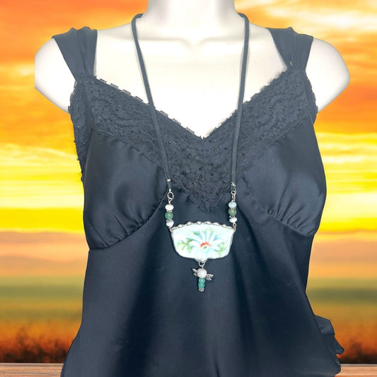 Broken China Daisies Pendant With Jade Dragonfly Charm Leather Necklace