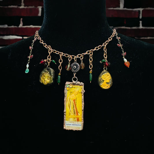 Tiny Art Canvas Italian Noblewoman Encased in Glass with Artisan Clay Cameos