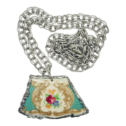 Handmade Silver Blend Boho Pendant Necklace With Floral Broken China Design