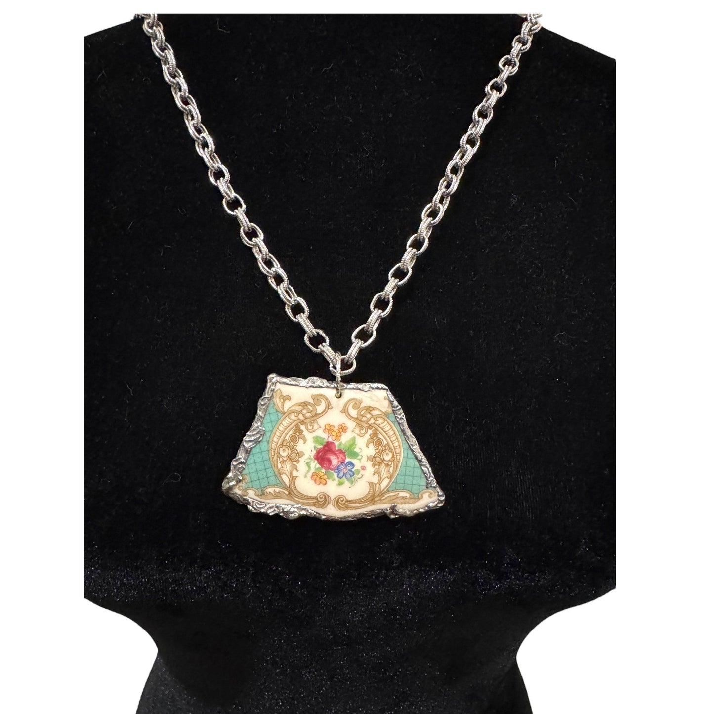 Handmade Silver Blend Boho Pendant Necklace With Floral Broken China Design