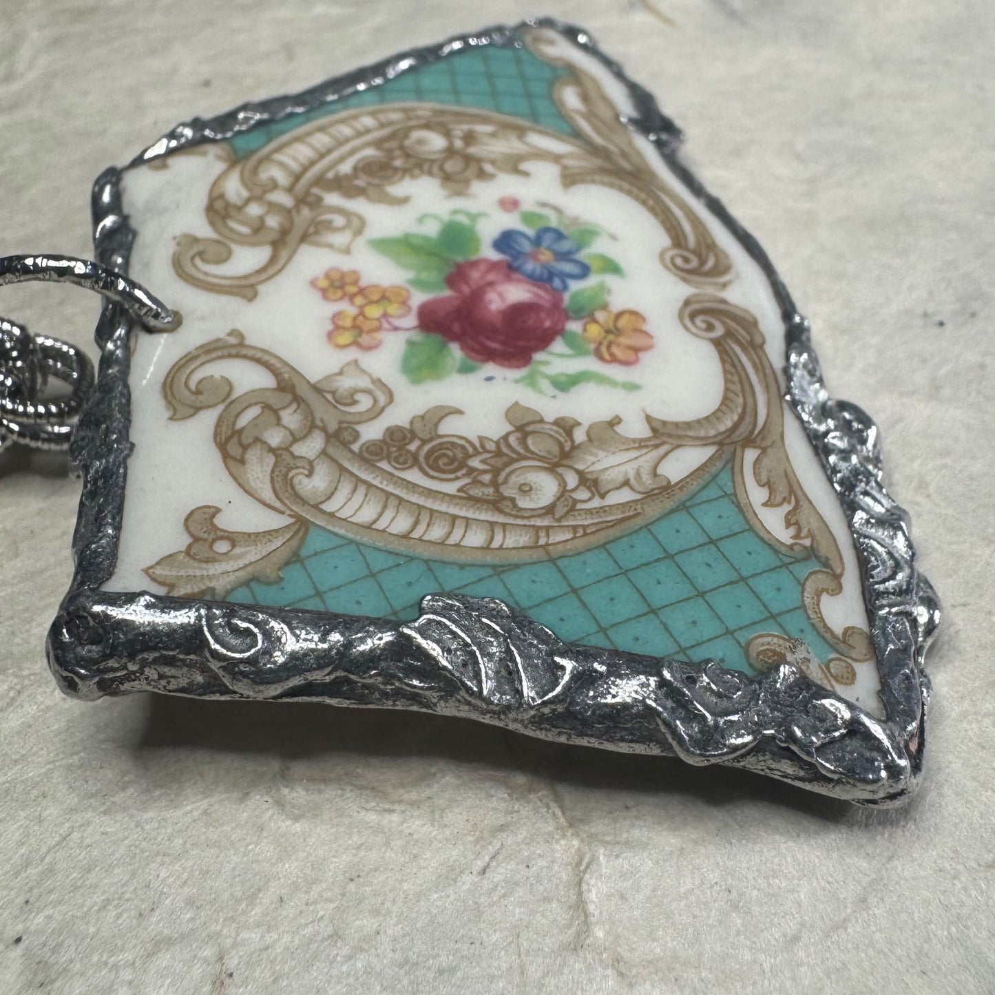 Handmade Silver Blend Boho Pendant Necklace With Floral Broken China Design