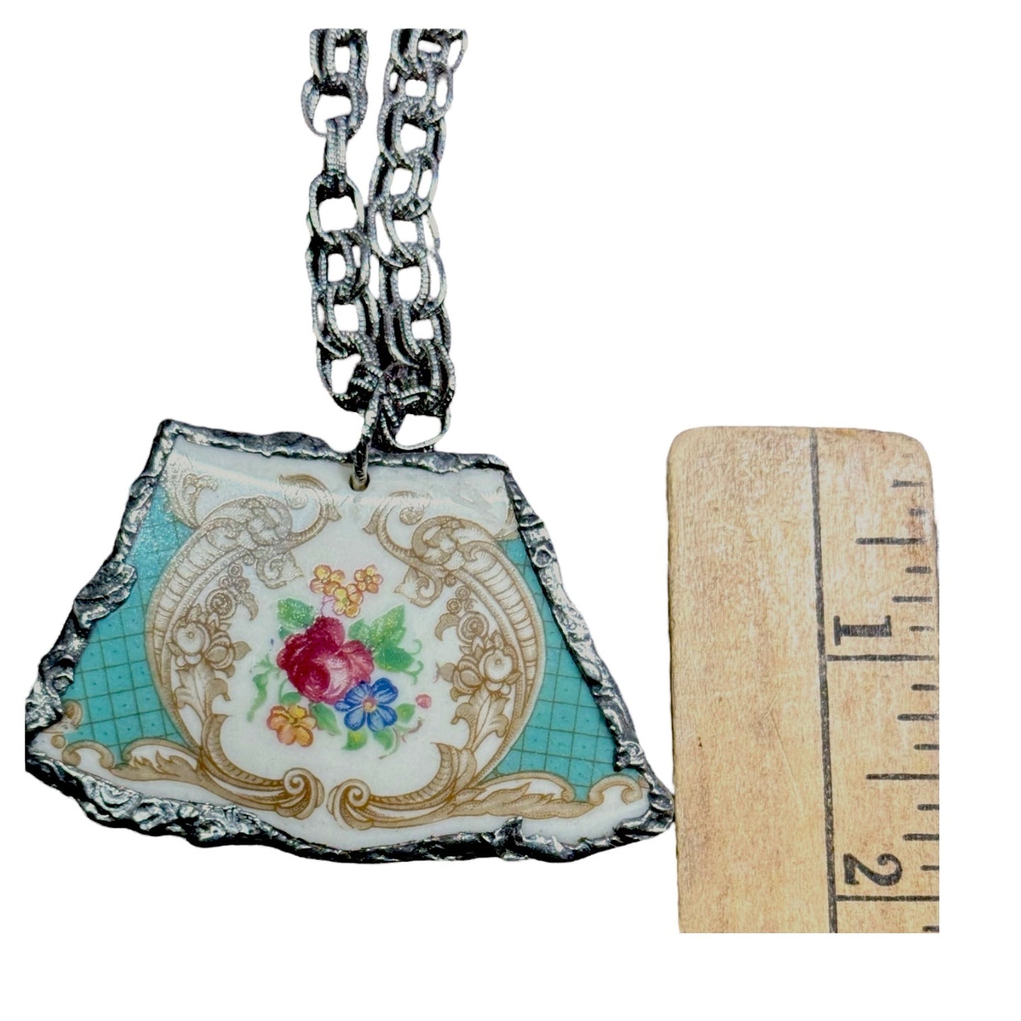 Handmade Silver Blend Boho Pendant Necklace With Floral Broken China Design