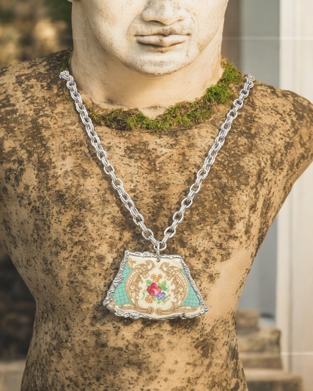Handmade Silver Blend Boho Pendant Necklace With Floral Broken China Design