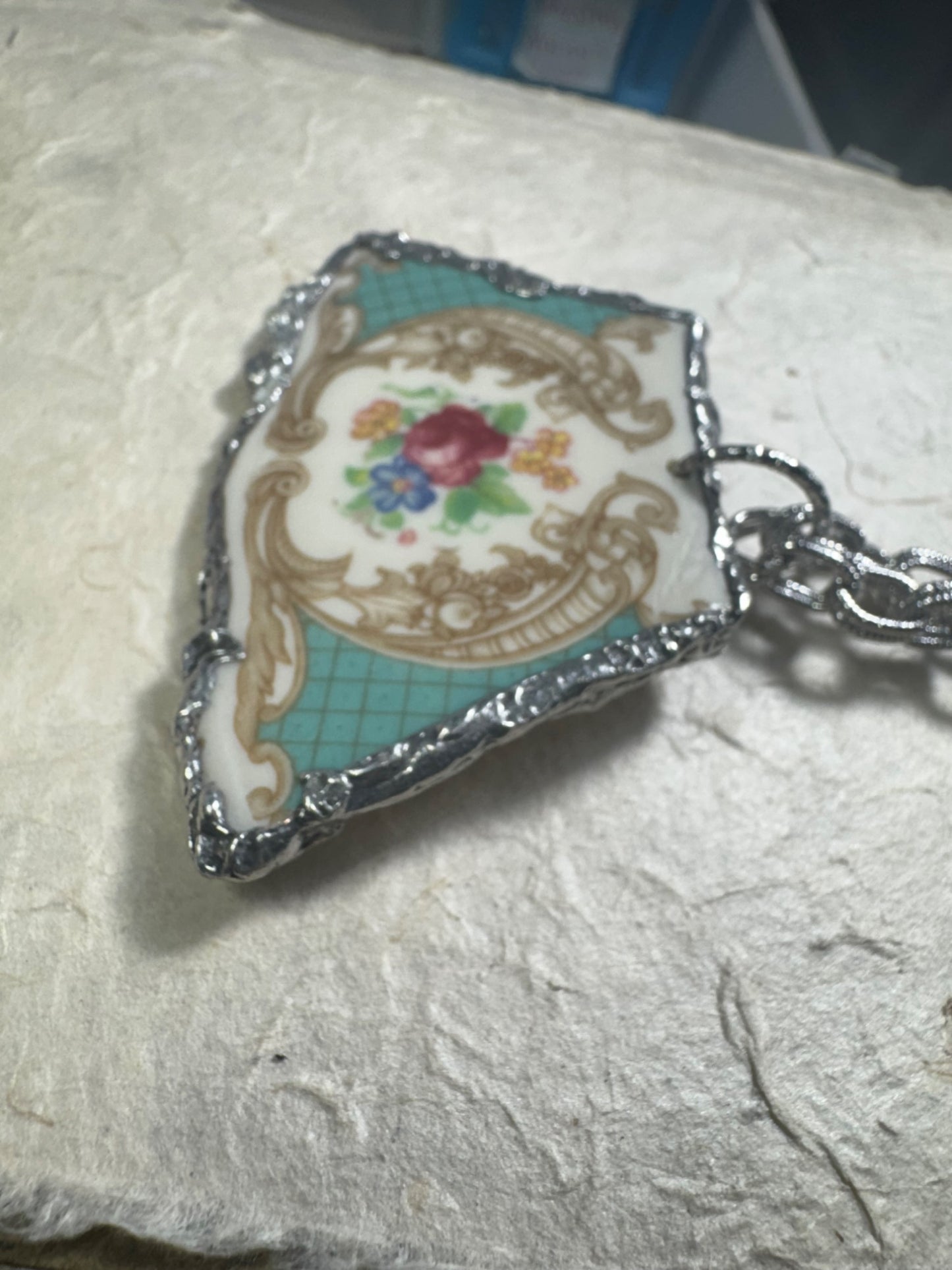 Handmade Silver Blend Boho Pendant Necklace With Floral Broken China Design
