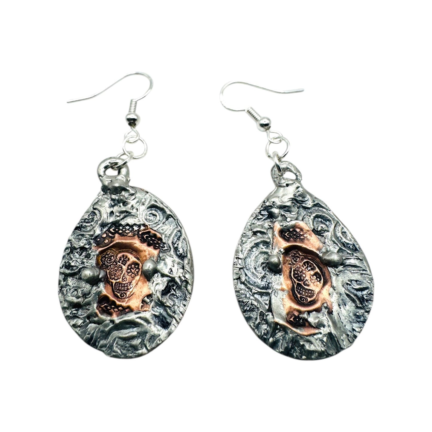 Mixed Metal Sugar Skull Earrings 925 Silver Hooks & Artisan Silver Blend