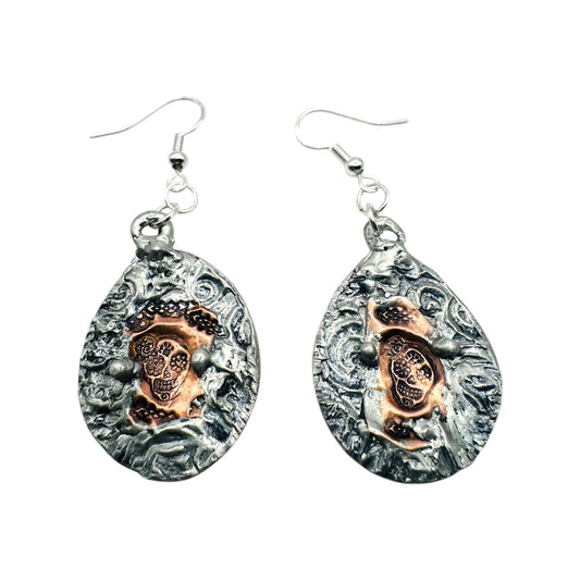 Mixed Metal Sugar Skull Earrings 925 Silver Hooks & Artisan Silver Blend