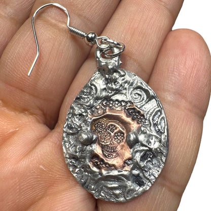 Mixed Metal Sugar Skull Earrings 925 Silver Hooks & Artisan Silver Blend