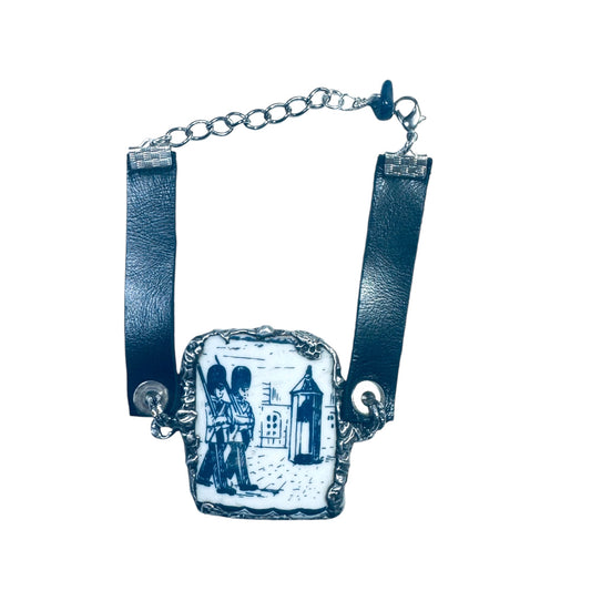 Blue Willow Nutcracker China Leather Bracelet W/ Silver Blend Bezel