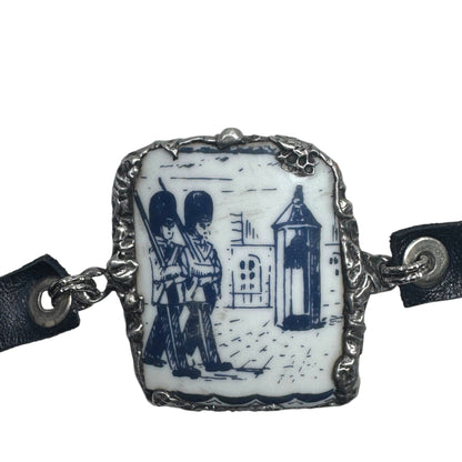 Blue Willow Nutcracker China Leather Bracelet W/ Silver Blend Bezel