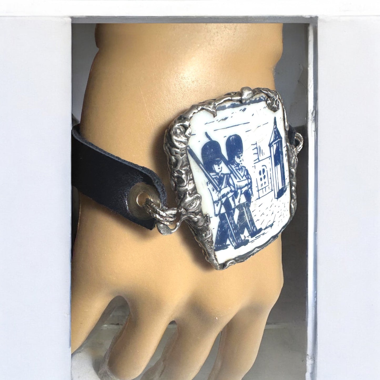 Blue Willow Nutcracker China Leather Bracelet W/ Silver Blend Bezel