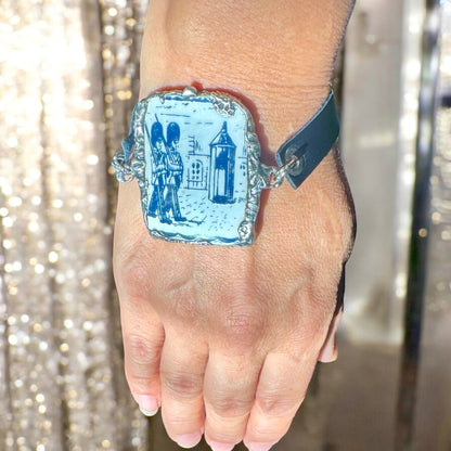 Blue Willow Nutcracker China Leather Bracelet W/ Silver Blend Bezel