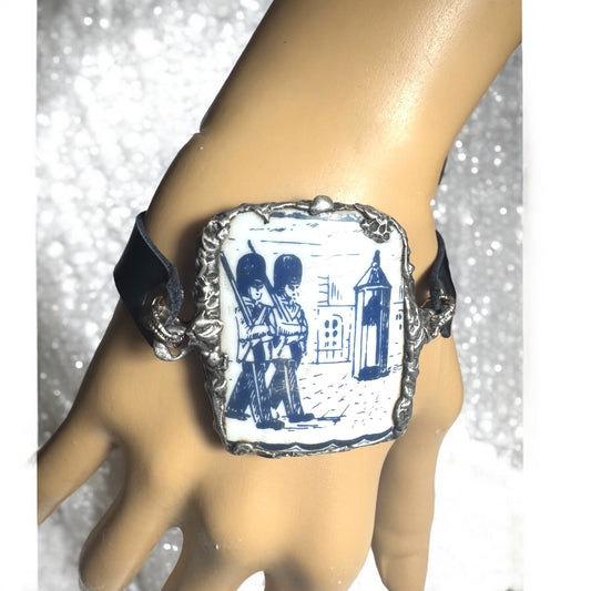 Blue Willow Nutcracker China Leather Bracelet W/ Silver Blend Bezel