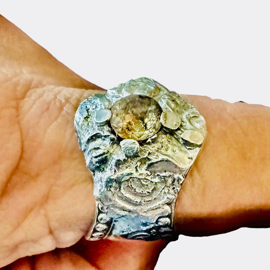 Repurposed Silver-Plated Spoon Ring With Intricate Boho Metalwork & 6MM Citrine