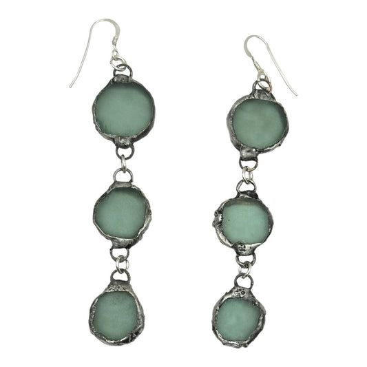 Triple Drop Sea Glass Artisan Earrings Caged in Silver- Blend Boho Metalwork