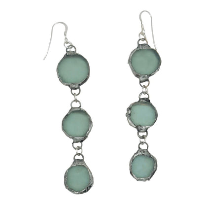 Triple Drop Sea Glass Artisan Earrings Caged in Silver- Blend Boho Metalwork