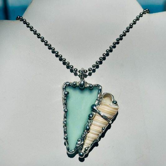 Sea Glass and Conch Pendant Encased with Intricate Silver Blend Boho-Metalwork