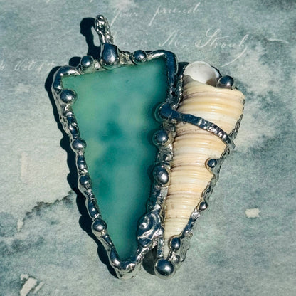 Sea Glass and Conch Pendant Encased with Intricate Silver Blend Boho-Metalwork