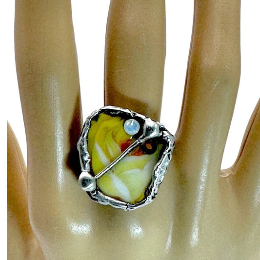 Antique Bavaria Yellow Rose Broken China Ring in Silver-Blend Boho Metalwork
