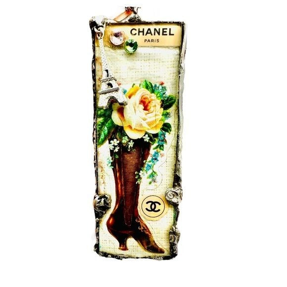 Tiny Glass Pendant Granny Bootie Mixed Media 3D Eiffel Tower & Swarovski Crystals