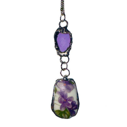 Broken China & Sea Glass Violets Pendant Caged with Silver-Blend