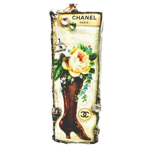 Tiny Glass Pendant Granny Bootie Mixed Media 3D Eiffel Tower & Swarovski Crystals