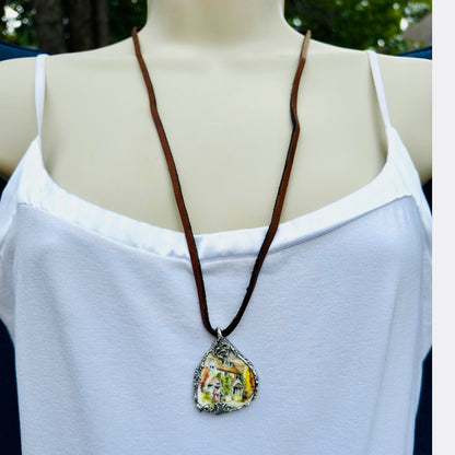 Artisan Necklace Featuring Royal Stuart Broken China Encased in Silver Blend Metalwork