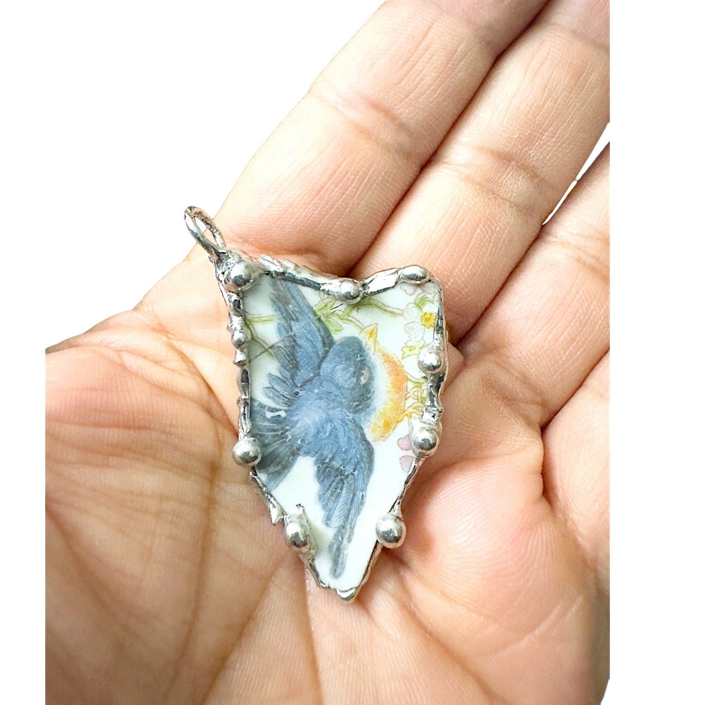 Blue Bird Broken China Pendant Silver Blend Metalwork Vintage Crystal Necklace