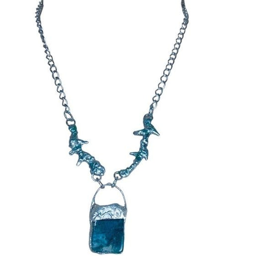 Natural Free Form Moss Agate Pendant & Brutalist Silver-Blend Metalwork Thorn Necklace