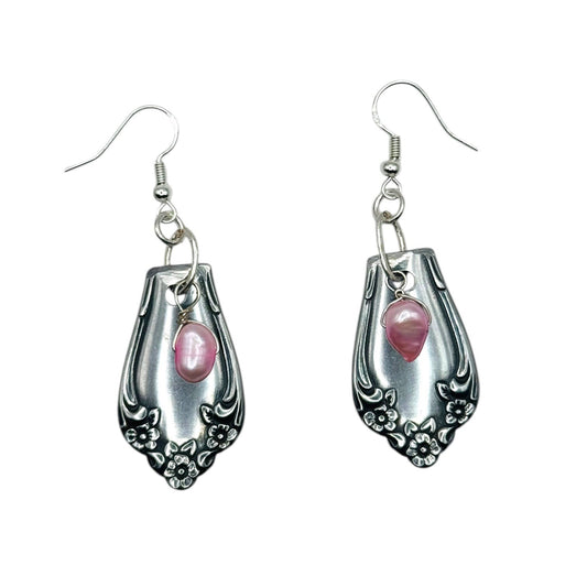 Handcrafted Spoon Earrings With Pink Freshwater Pearls & 925 Silver Hooks