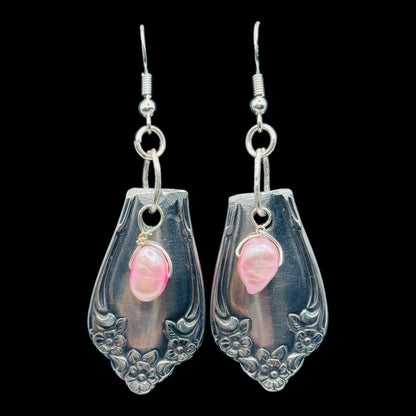 Handcrafted Spoon Earrings With Pink Freshwater Pearls & 925 Silver Hooks