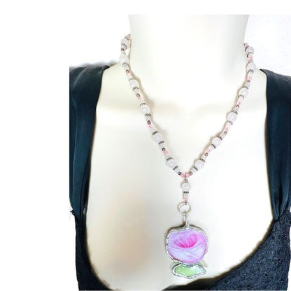 Broken China & Sea Glass Rose Pendant and a Pink Quartz Vintage Necklace