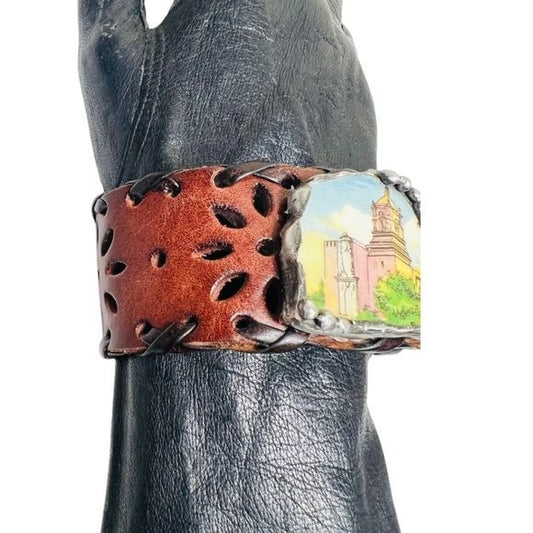 San Antonio Broken China Cuff Bracelet with Vintage Artisan Leather