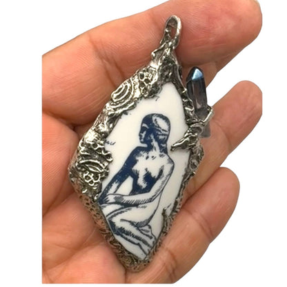 Mermaid Denmark Broken China & Blue Quartz Statement Pendant W/ Silver Blend Bezel