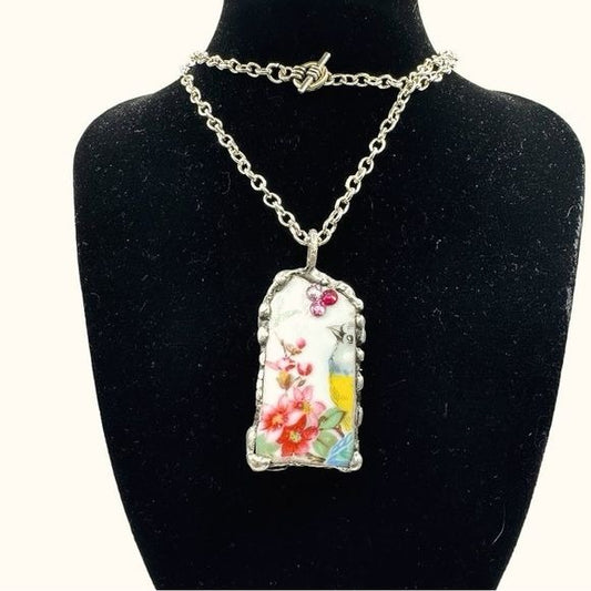 Broken China Pendant Gouldian Finch, Swarovski Crystals With Hand Solder