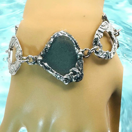 Artisan Sea Glass & Silver Cutout Boho Metalwork Bracelet with Adjustable Closure