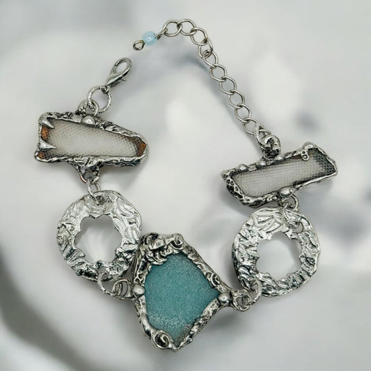Artisan Sea Glass & Silver Cutout Boho Metalwork Bracelet with Adjustable Closure