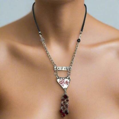 Broken China Heart Pendant W/ VNTG Garnet Tassel, Artisan Metalwork & Leather